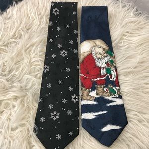 Set Of 2 Hallmark Holiday Ties Santa & Snowflakes